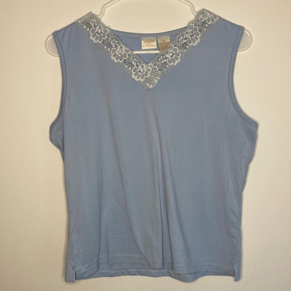 Vintage Baby Blue Lace Trim Sleeveless Tank Top Size Medium
